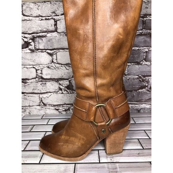 Frye Tan Brown Leather Harness Side Zipper Heel Boots Women Sz 6M US/37EU - Picture 1 of 15